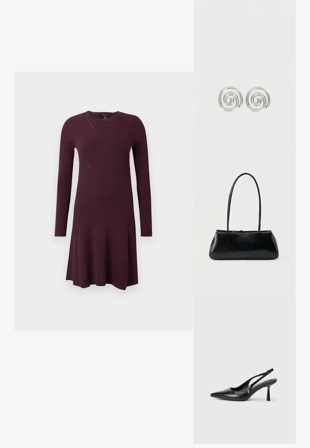 Sügavlilla kudum dresses, millel on pikad varrukad, kehakattev osa, millel on diagonaalsed ribade mustrid, ja flared seelik.; Must musta slingback kõrge kontsaga king, terava varbaga ja peene kontsaga, valgel taustal.; Must ristkülikukujuline õlakott pikkade õhukeste rihmade ja siledapoolse, läikiva tekstuuriga ühevärvilisel taustal.; Hõbedast keerisega rõngaskõrvarõngaste paar, millel on sile ja ümar disain tavalisel valgel taustal.
