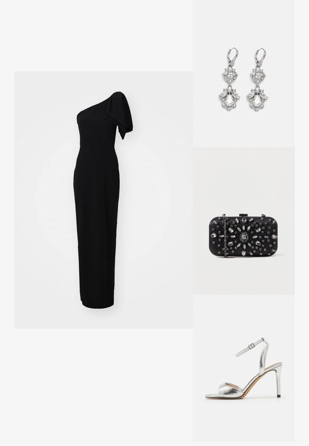 Vestido negro ajustado con un diseño asimétrico de un solo hombro y un detalle de manga abullonada. Hecho de una tela suave, hasta el suelo.; Sandalía de tacón alto plateada con punta abierta, textura metálica y correa de tobillo ajustable. Cuenta con un tacón de aguja afilado y una plantilla suave.; Clutch negro de forma rectangular, decorado con varios strass en un patrón floral, con una cadena plateada para llevar.; Pendientes de tono plateado que presentan múltiples piedras de cristal transparente en formas de lágrima y marquesa, con cierres de palanca y un detallado intrincado.