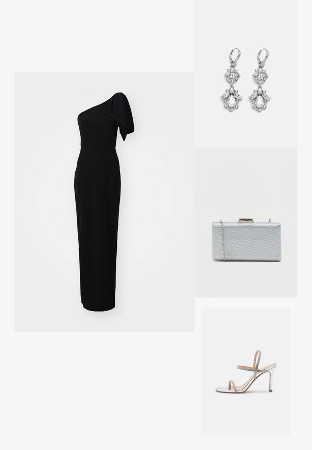 Zwart, aansluitend jurkje met een asymmetrisch ontwerp met één schouder en een pofmouwdetail. Gemaakt van een gladde stof, maximaal tot de vloer.; Madden Girl WISE - Sandalen met hoge hak - silver; Rechthoekige zilveren clutch gemaakt van textuur metaalachtig stof, met een haaksluiting en een afneembare kettingriem om te dragen.; Zilverkleurige oorbellen met meerdere heldere kristalgesteenten in druppel- en marquisevormen, met sluitingen met een leversysteem en ingewikkelde details.