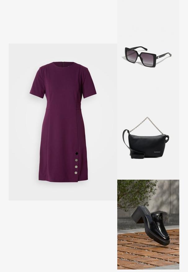 Vestido morado de manga corta con corte a la altura de la rodilla, escote redondo, bolsillo lateral y botones decorativos negros a lo largo de la costura lateral izquierda.; Mule tipo slip-on de cuero negro de Calvin Klein con tacón de bloque descansando sobre baldosas de madera al aire libre cerca de una planta verde y una pared gris.; Gafas de sol cuadradas negras con lentes degradados grises. Montura brillante con líneas elegantes. Acento de logo plateado en las patillas.; Calvin Klein Jeans SCULPTED ROUND CHAIN - Bandolera - black