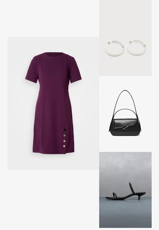 Robe violette à manches courtes avec une coupe au genou, encolure ronde, poche latérale et boutons noirs décoratifs le long de la couture latérale gauche.; Sandale à talon Calvin Klein noire avec des lanières fines, posée sur des carreaux en bois en plein air près d'un mur et de la verdure.; Sac à bandoulière en cuir noir avec un rabat incurvé fermé par un fermoir métallique rond et une sangle fine et ajustable.; Boucles d'oreilles demi-cercles ton argent avec texture striée et fermoirs à pression sur fond blanc.