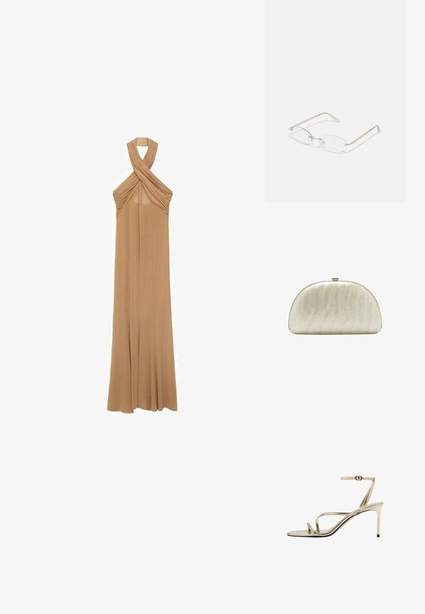 Halter-neck kjole i blød beige stof, med plisserede detaljer ved halsudskæringen og et flydende, gulvlangt design.; Guld højhælet sandal med tynde remme, tynd hæl, åben tå og tynd ankelrem med spænde på hvid baggrund.; Guldmetal briller med ovale linser, slanke arme og klare næsepuder. Har subtile hængsel accenter og gennemsigtige linser.; Lille, halvcirkelformet, blank cremefarvet clutch med guldlås og subtil marmoreret tekstur.