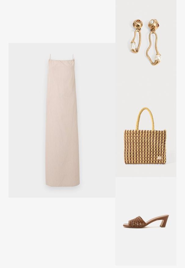 Beige and white vertical striped sleeveless maxi dress with thin shoulder straps and a straight neckline.; Brown woven open-toe mule with a block heel and slip-on design on a plain white background.; Woven bag in brown and yellow, featuring a rectangular shape, two handle straps, and a textured finish with visible stitching and a brand tag.; Gold-tone earrings with irregular open shapes, each featuring a pearl at the bottom and gemstone details on the round studs.
