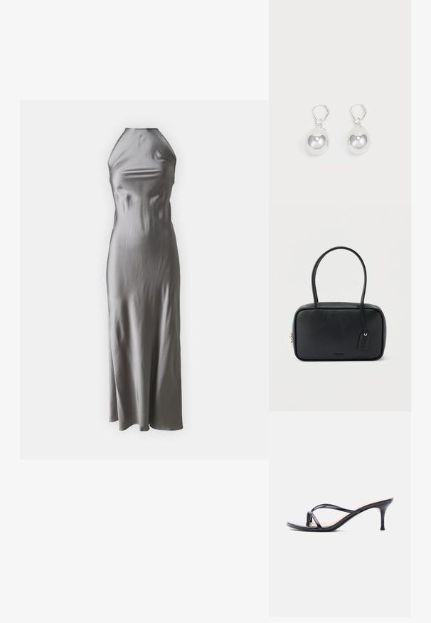 Vestido halter de satén en gris claro, con un corpiño ajustado y una falda de línea A fluida, con una textura suave y un diseño minimalista.; Sandalia de tacón de charol negro con tiras finas cruzadas y un tacón de aguja delgado de altura media, sobre un fondo blanco.; Bolso rectangular negro con asas dobles redondeadas, cremallera dorada y logo "HUGO" en relieve en el frente con etiqueta de cuero adjunta.; Pendientes de plata en forma de gota con superficies redondas y reflectantes colgando de cierres de palanca. El fondo es blanco liso.