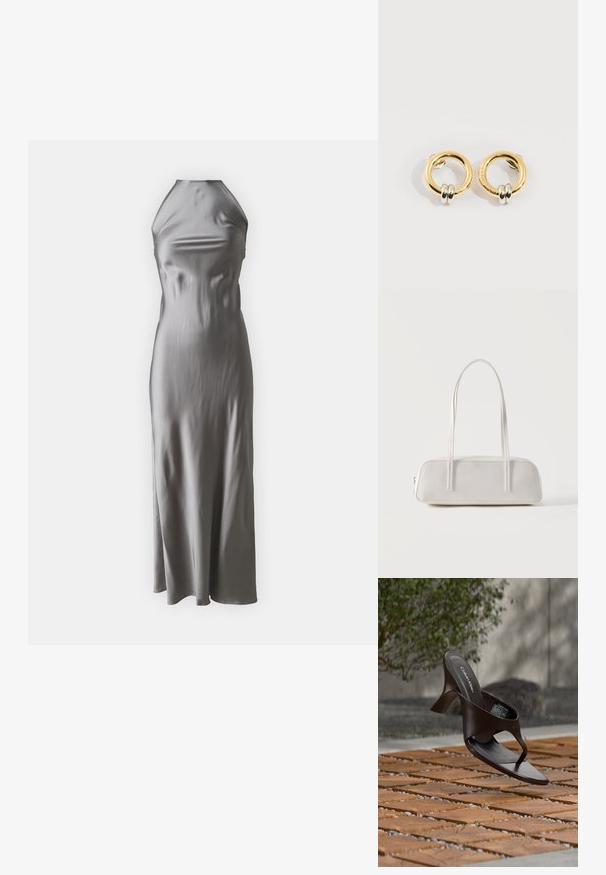 Robe dos nu en satin gris clair, avec un corsage ajusté et une jupe évasée fluide de style ligne A, à la texture lisse et au design minimaliste.; Sandale à talon marron Calvin Klein suspendue au-dessus d'un sol extérieur en dalles de bois et gravier avec un arrière-plan flou de verdure et de pierres.; Sac d'épaule rectangulaire blanc avec des bretelles longues et fines, couture minimale, et fermeture éclair sur un fond uni.; Boucles d'oreilles circulaires en or avec deux petites bagues en argent sur chacune, affichant des détails subtils du nom de la marque gravé, posées sur un fond blanc.