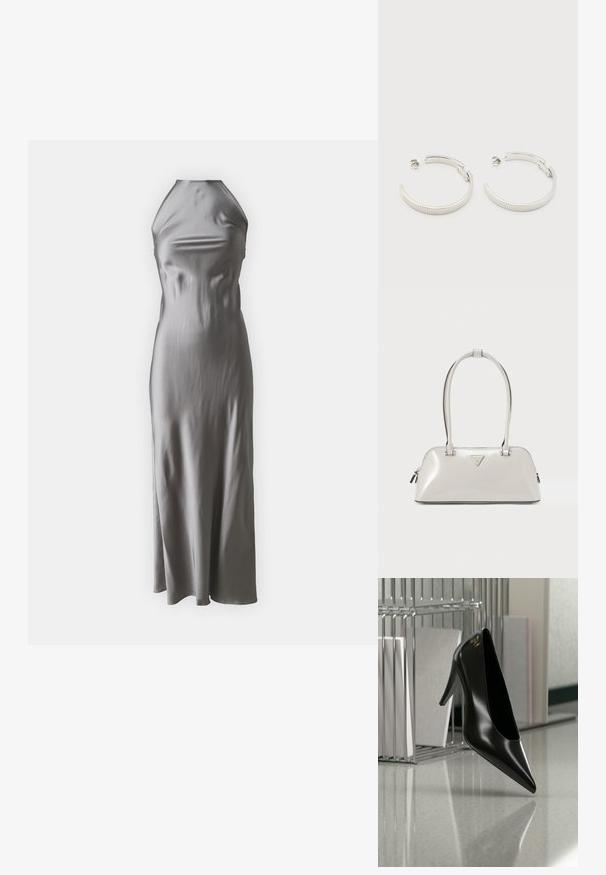 Vestido halter de satén en gris claro, con un corpiño ajustado y una falda de línea A fluida, con una textura suave y un diseño minimalista.; Zapato de tacón alto negro con punta afilada y logo dorado, colocado sobre una superficie reflectante cerca de un organizador de archivos de alambre cromado con documentos.; Bolso brillante de color gris claro con forma redondeada, asas dobles y un logo triangular. Cuenta con cierre de cremallera y detalles metálicos.; Pendientes de aro semicírculo en tono plateado con textura acanalada y cierre de presión sobre fondo blanco.