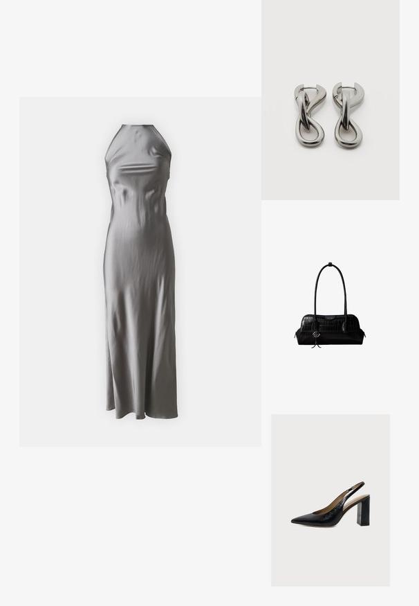 Vestido halter de satén en gris claro, con un corpiño ajustado y una falda de línea A fluida, con una textura suave y un diseño minimalista.; Zapato de mujer slingback de piel negra con puntera puntiaguda y tacón alto de bloque sobre un fondo claro.; Bolso de hombro negro de cuero con textura de cocodrilo, con correas largas y un pequeño colgante de logo plateado en una correa.; Par de pendientes de metal con acabado plateado y diseño abstracto de bucles entrelazados sobre un fondo blanco.