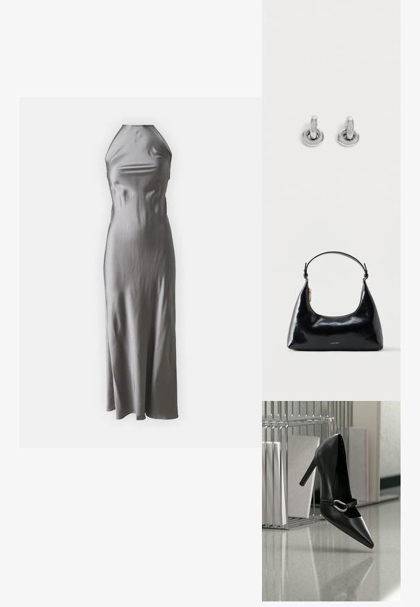 Vestido halter de satén en gris claro, con un corpiño ajustado y una falda de línea A fluida, con una textura suave y un diseño minimalista.; Zapato de tacón alto negro con puntera y correa con hebilla plateada, colocado sobre una superficie reflectante cerca de un organizador de archivos metálico que sostiene papeles.; Bolso negro brillante de Calvin Klein con cremallera dorada y correa corta sobre un fondo blanco liso.; Par de pequeños pendientes de aro plateados brillantes con base redonda, exhibidos sobre un fondo claro y liso.