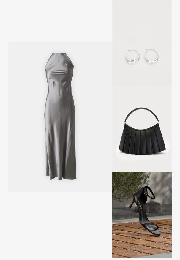 Vestido halter de satén en gris claro, con un corpiño ajustado y una falda de línea A fluida, con una textura suave y un diseño minimalista.; Sandalia negra de tacón alto con correa en el tobillo, parece suspendida sobre un suelo de baldosas de madera al aire libre, con un fondo difuminado de vegetación y piedra.; Bolso negro plisado hecho de cuero sintético, con un asa curva y cierre superior con cremallera. Textura suave con un diseño estructurado.; Pendientes de aro de plata con un acabado pulido y la marca DKNY, exhibidos sobre un fondo blanco liso.
