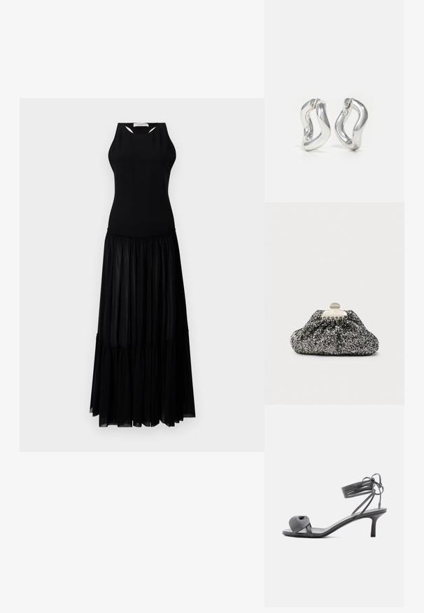 Mustmustel dress, millelise ülaosaga, millel on lõikeavad ja tiered seelik, mis on valmistatud kergest ja voolavast kangast.; Hallid nahast kontsakingaga sandaalid, mille varvaste kohal on sõlmitud rihm ja õhuke pahkluu ümber mähitud paelad, keskmise kõrgusega kitsal kontsal, valgel taustal.; Must ja hõbedane sädelev käekott koos volditud disainiga. Metallist kinnitus sulgemiseks, sileda ja ümarate servadega ning tekstureeritud pinnaga.; Hõbedast rõngaskõrvarõngad keerulise disainiga. Ümarad servad ja läikiv viimistlus. Avatud kinnitused mugavaks kandmiseks. Ühtlane sile pind.