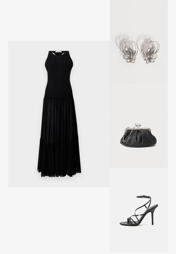 Vestido negro con un top sin mangas y detalles de corte, y una falda en capas hecha de una tela ligera y fluida.; Sándalo negro de tacón alto con tiras finas, hebilla en el tobillo, superficie de cuero suave y tacón de aguja esbelto.; Clutch de cuero negro con textura arrugada, marco de metal en tono plateado, cierre de beso y cadena para colgar. Superficie suave y lisa.; Par de pendientes de metal plateado con diseño de jaula de alambre abierto y formas ovaladas centrales lisas que proyectan sombras curvas sobre un fondo blanco.