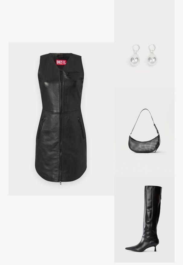 Robe sans manches en cuir noir avec une fermeture éclair, deux poches latérales et une poche poitrine zippée. Logo Diesel notable en rouge sur le col.; Botte en cuir noir hautes jusqu'au genou avec un bout pointu et un talon fin et courbé. Texture lisse, design ajusté, sans matériel ni motifs visibles.; Petit sac d'épaule noir en mesh en forme de croissant avec une lanière fine réglable, sur un fond clair uni.; Boucles d'oreilles en argent en forme de goutte avec des surfaces lisses, rondes et réfléchissantes, suspendues à des fermoirs à ressort. L'arrière-plan est blanc uni.