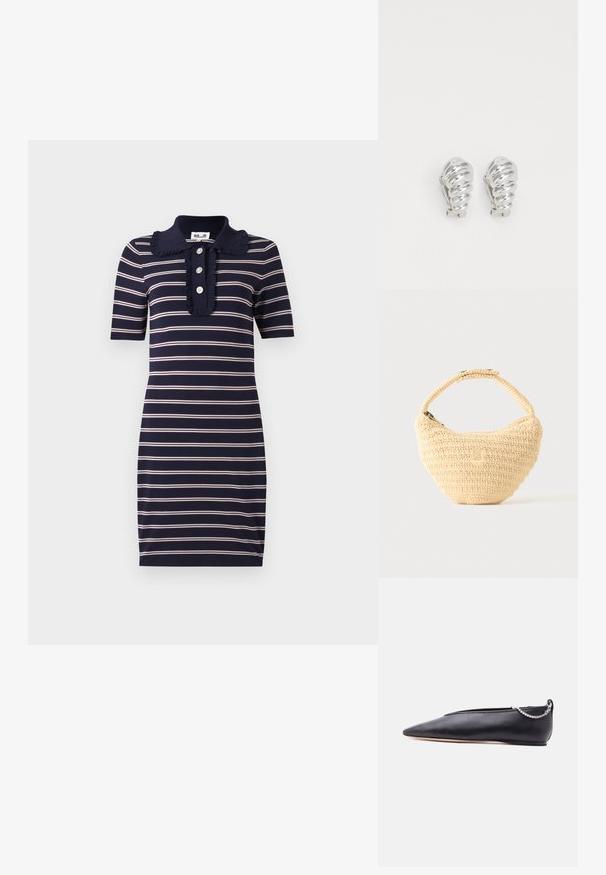 Navy blauwe jurk met horizontale witte en roze strepen, korte mouwen, een gerimpelde kraag en een drieknoopssluiting.; Zwarte leren platte schoen met een puntige neus, een lage hak en een zilveren kettingdetail aan de achterkant, tegen een effen achtergrond.; Beige geweven handtas met afgerond lichaam, ritssluiting en een korte, dikke band in een eenvoudige, gestructureerde haakstijl.; Zilveren clip-on oorbellen met een spiraalontwerp, voorzien van een gladde metallic textuur en ronde vormen. Geen zichtbare versieringen of patronen.