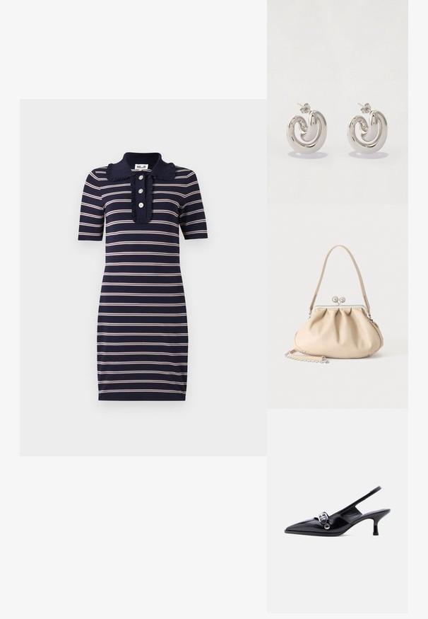 Navy blauwe jurk met horizontale witte en roze strepen, korte mouwen, een gerimpelde kraag en een drieknoopssluiting.; Zwarte slingback kitten heel schoen van lakleer met puntige neus en zilveren gespsluiting op een effen witte achtergrond.; Beige zachte leren handtas met een zilveren metalen frame sluiting, een enkele schouderriem en een optionele kettingriem op een witte achtergrond.; Zilveren metalen oorbellen met een gedraaide ontwerp, met gladde oppervlakken en een gepolijste afwerking, beveiligd met een vlindersluiting.