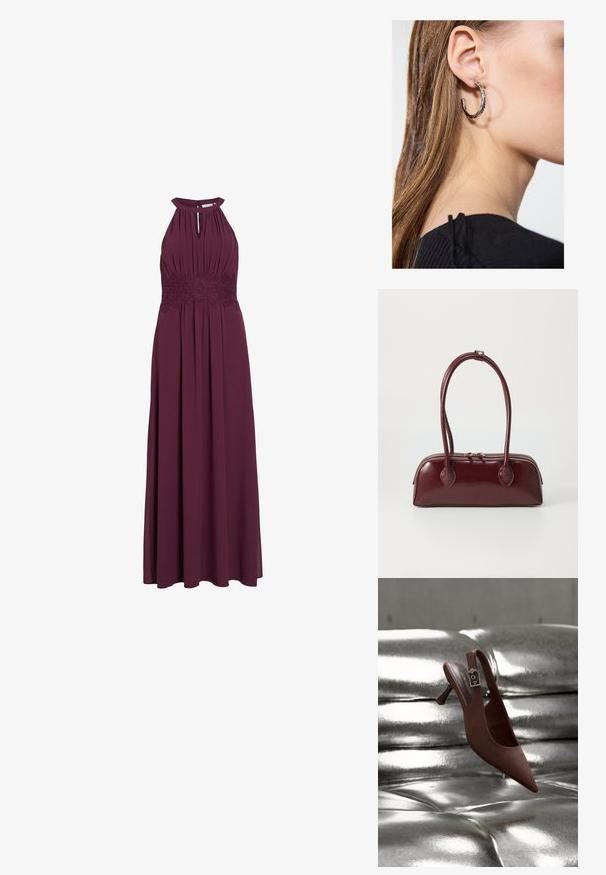 Vestido largo burdeos sin mangas con escote halter, abertura en forma de ojo de cerradura, cuerpo plisado y detalle de banda de encaje en la cintura.; Zapato slingback marrón con punta, tacón bajo y correa con hebilla, reposando sobre una superficie acolchada plateada metálica y brillante.; Bolso de piel burdeos con forma curva, asas dobles, cierre de cremallera y sutilezas en los detalles de costura. Acabado suave y brillante.; Pendiente de aro de plata con un acabado pulido, que presenta pequeños detalles en dorado y una forma redonda, llevado en el lóbulo.