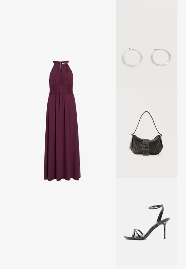 Mouwloze lange bordeauxrode jurk met halterneck, keyhole-cutout, geplooid lijfje en kanten bandje in de taille.; Zwarte lakleren sandaal met hoge hak, met dunne bandjes die over de tenen kruisen en een enkelriempje met gesp op een witte achtergrond.; Zwarte leren schoudertas met gespsluiting aan de riem, afgeronde hoeken en contrasterende witte stiksels op een effen achtergrond.; Zilverkleurige metalen creolen oorbellen met een glad, licht gebogen oppervlak en sluitingen met haaksluiting op een effen witte achtergrond.
