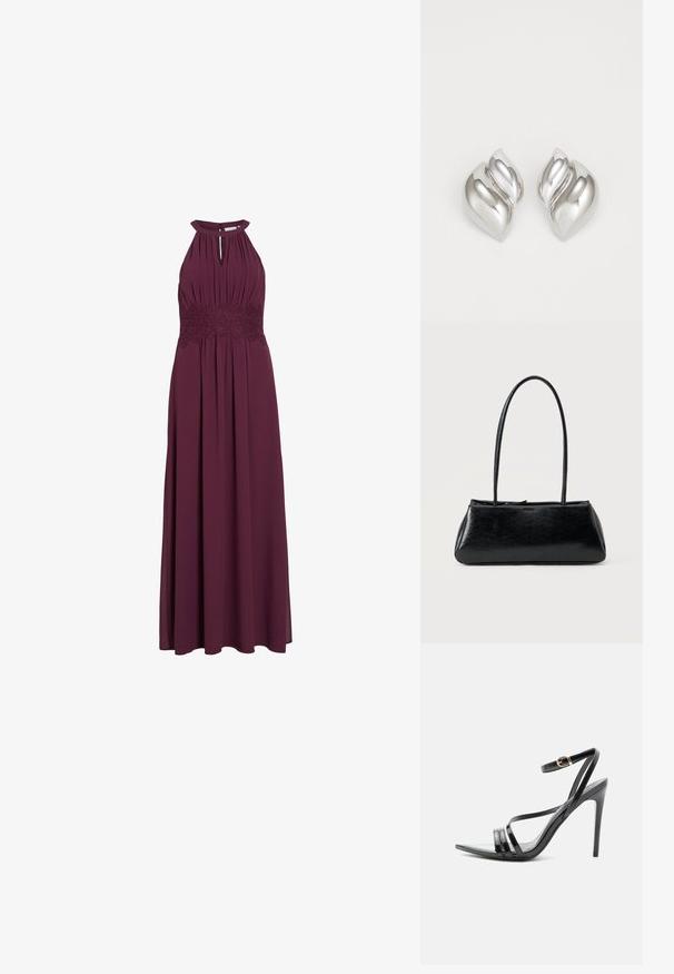 Vestido largo burdeos sin mangas con escote halter, abertura en forma de ojo de cerradura, cuerpo plisado y detalle de banda de encaje en la cintura.; Sandalia negra de tacón alto con finas tiras sobre los dedos y el tobillo, con una hebilla dorada en un tacón stiletto delgado.; Bolso de hombro rectangular negro con correas largas y delgadas y una textura lisa y brillante sobre un fondo liso.; Pendientes de plata con una forma orgánica y abstracta. Superficie lisa y brillante con un diseño cónico. Presentan suaves curvas y un detalle de línea central.