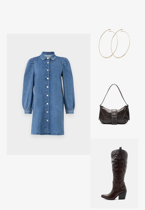 Denimkleid mit langen Puffärmeln, Knopfleiste, Kragen und geradem Schnitt. Blauer Stoff mit glatter Textur.; Hoher dunkelbrauner Leder-Cowboystiefel mit gestickten dekorativen Mustern, spitzer Spitze und gestapeltem Blockabsatz.; Braune Lederumhängetasche mit gebogener Form, die mit einem auffälligen Schnallendetail, kontrastierenden Nähten und einem einzigen Schulterriemen ausgestattet ist.; Pilgrim Ohrringe - gold-coloured