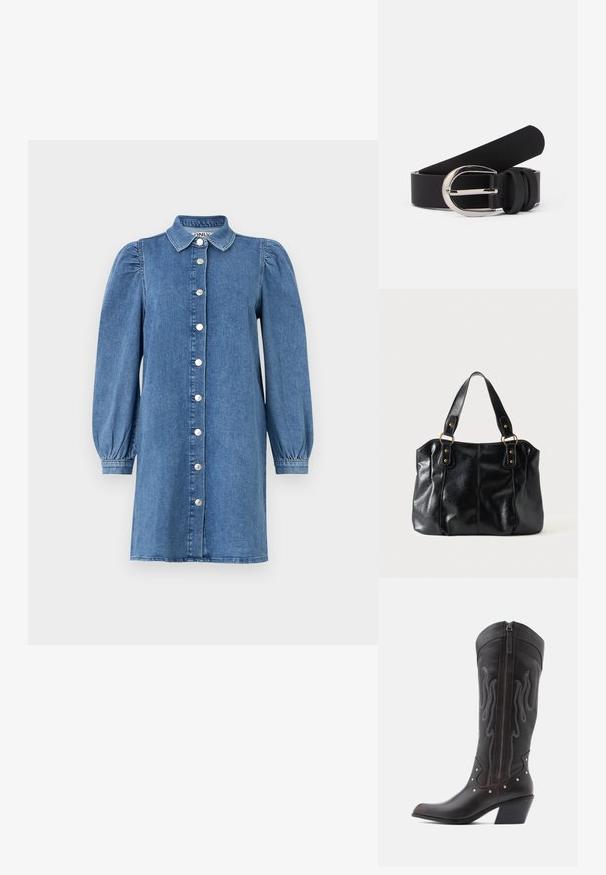 Denimkleit pikka puffseelikutega, nupuväärisega, kraega ja sirge lõikega. Sinine kangas, millel on sile tekstuur.; Pruunid nahast kootsasaapad leegitikkimisega, küljes lukk, hõbedased naelad, terav nina ja paks konts.; Must nahast õlakott topelt rihmadega, mis on kinnitatud kuldsete rõngaste ja naeltega, siledapind ja veidi läikiv pind, lihtne disain.; Musta nahkavöö siledast tekstuurist, millel on hõbedase tooni metallist pandla ja lihtsad aasade aksessuaarid. Kujundus on stiilne ja minimalistlik.