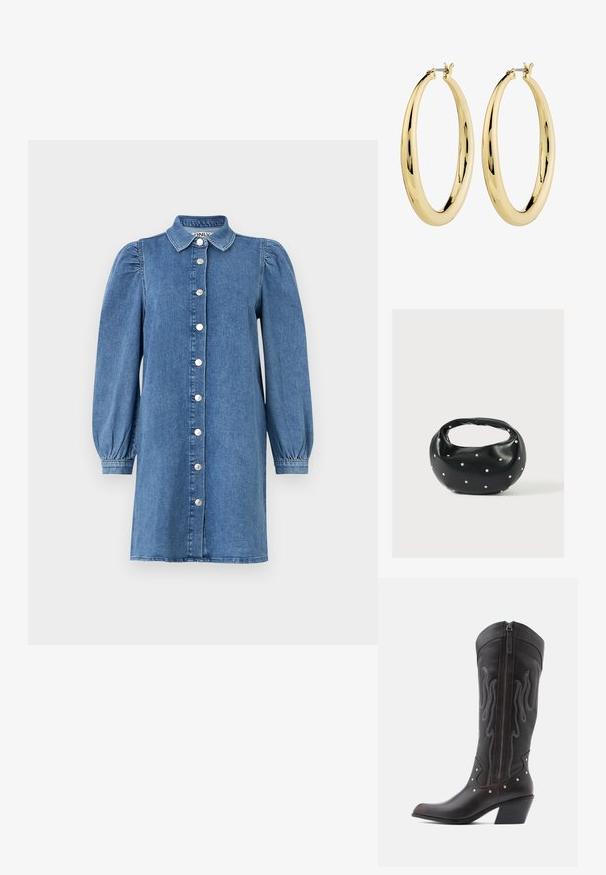 Denimkleid mit langen Puffärmeln, Knopfleiste, Kragen und geradem Schnitt. Blauer Stoff mit glatter Textur.; Braune Cowboy-Stiefel aus Leder mit Flammenstickerei, seitlichem Reißverschluss, silbernen Nieten, spitzer Zehenpartie und geschichtetem Absatz.; Schwarze Lederhandtasche mit abgerundeter Form, verziert mit silbernen Nietenakzenten und kurzem Griff. Glatte Struktur und Reißverschlussverschluss.; Goldene Creolen mit einer glatten, polierten Oberfläche. Kreisform, mit einem sicheren Verschluss an der Oberseite. Die Oberfläche reflektiert das Licht.