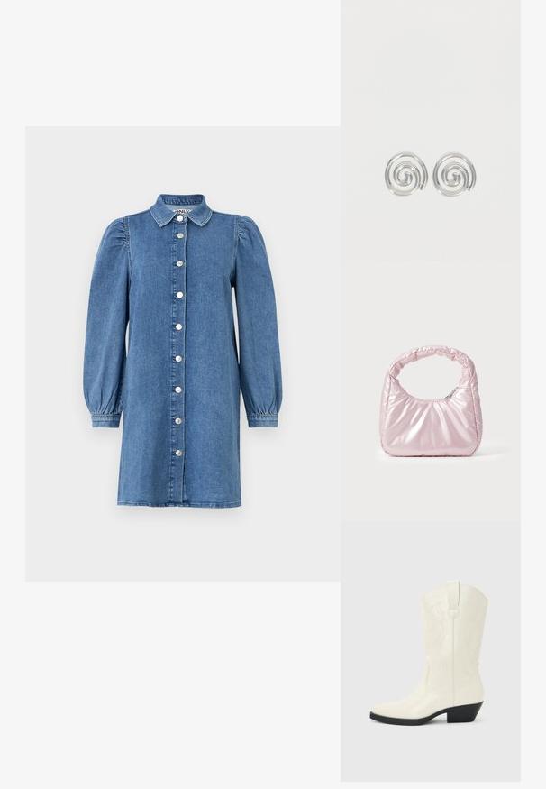 Vestido de mezclilla con mangas largas abullonadas, cierre frontal de botones, collar y corte recto. Tela azul de textura suave.; Bota blanca de estilo occidental hasta la mitad de la pantorrilla, con punta puntiaguda, tacón apilado negro, costuras decorativas y tira para tirar en el eje.; Bolso de mano acolchado en color rosa con un diseño redondeado, fabricado en material brillante. Presenta un asa fruncida y un cierre de cremallera para un acceso seguro.; Par de pendientes de aro espiral plateados con diseño liso y redondeado sobre un fondo blanco liso.
