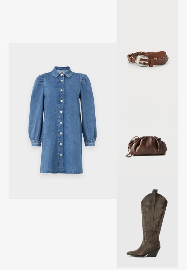 Denimkleid mit langen Puffärmeln, Knopfleiste, Kragen und geradem Schnitt. Blauer Stoff mit glatter Textur.; Braune Leder-Cowboystiefel mit einer spitzen Zehe, Wedge-Absatz und dekorativer Stickerei. Besitzt einen hohen Schaft und eine Zuglasche.; Weiche braune Lederbeuteltasche mit gerafftem oberen Teil und schmalem Riemen, auf weißem Hintergrund liegend.; Brauner Kunstledergürtel mit einer silbernen rechteckigen Schnalle, die einen strukturierten Rand und kreisförmige hardware Akzente aufweist.