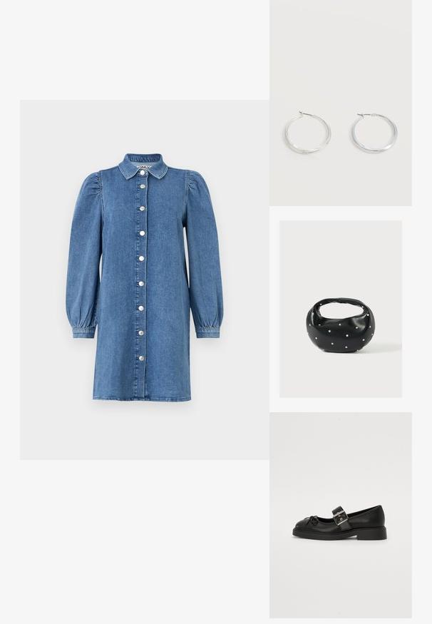 Denimkleit pikka puffseelikutega, nupuväärisega, kraega ja sirge lõikega. Sinine kangas, millel on sile tekstuur.; Must have mustikad nahast Mary Jane kingad, millel on ümar varvas, pahkluu rihm ja hõbedane pandla detail. Omab lamedat, paksu talda ja paelakest.; Mustast nahast ümmarguse kujuga käekott, kaunistatud hõbedaste naeladega, lühikese sangaga. Sile tekstuur ja tõmblukuga sulgemine.; Hõbedased metallist rõngakujulised kõrvarõngad, millel on sile, kergelt kaarduv pind ja lukustuvad tagused kinnitused, valgel taustal.