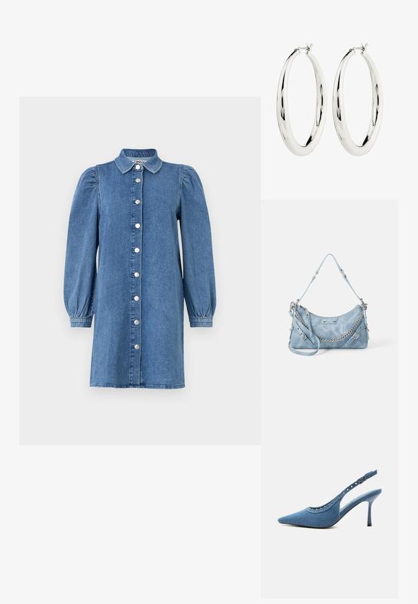 Denimkjole med lange puffede ærmer, knapåbning foran, krave og lige snit. Blåt stof med en glat overflade.; Blå denim spids tå slingback sko med høj hæl, sølv øjendesign og justerbar spænde.; ALDO FARALAELIAX - Håndtasker - blue; Sølv hoops øreringe med en glat, reflekterende overflade. Rund, stor form med en sikker lås øverst. Den polerede finish fremhæver glansen.