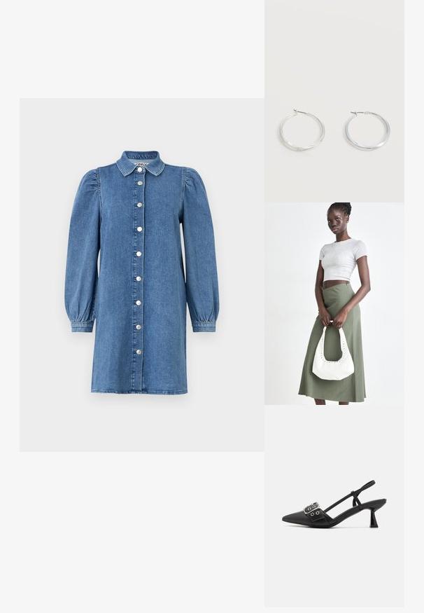 Denimkjole med lange puffede ærmer, knapåbning foran, krave og lige snit. Blåt stof med en glat overflade.; Simmi London DALA - Pumps - black; Grå ribbet crop top og olivengrøn højhøjdet nederdel. Modellen holder en hvid skuldertaske med udskæringsdetaljer. Enkel design, tætsiddende silhuet.; Sølvfarvede metaloorringe med glat, let buet overflade og låsemekanisme på en ensfarvet hvid baggrund.
