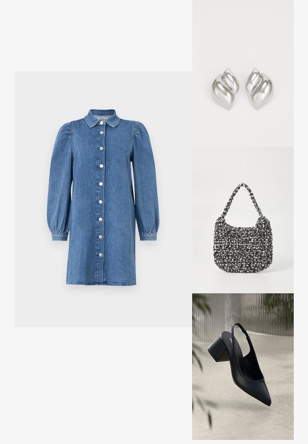 Denimkleit pikka puffseelikutega, nupuväärisega, kraega ja sirge lõikega. Sinine kangas, millel on sile tekstuur.; Must musta slingback-kreen, millel on terav nina ja plokknina. Sile tekstuur, minimaalne disain ja reguleeritav pahkluu rihm.; Mustri kott musta ja valgega, ümar kuju, tekstureeritud pind ja punutud käepide. Sobib igapäevaseks kasutamiseks.; Hõbedased kõrvarõngad orgaanilise ja abstraktse kujuga. Siledad, läikivad pinnad ja kitsenev disain. Omavad peeneid kõverusi ja keskset joondetaili.