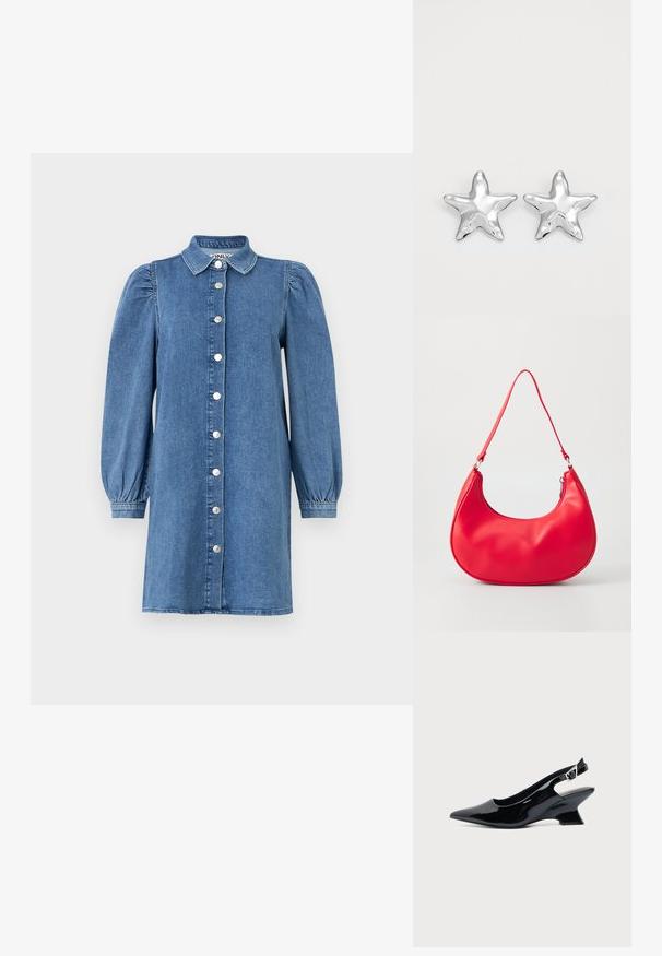 Denimkjole med lange puffede ærmer, knapåbning foran, krave og lige snit. Blåt stof med en glat overflade.; Sort laklæder slingback sko med spids tå og lav vinklet blokhæl på ensartet lys baggrund.; Rød syntetisk læder skuldertaske med en buet form, slank rem og lynlås lukning. Glat tekstur med synlige syninger.; Sølvstjernede øreringe med en poleret, blank overflade. Hver ørering har fem spidser og subtile teksturdetaljer på overfladen.