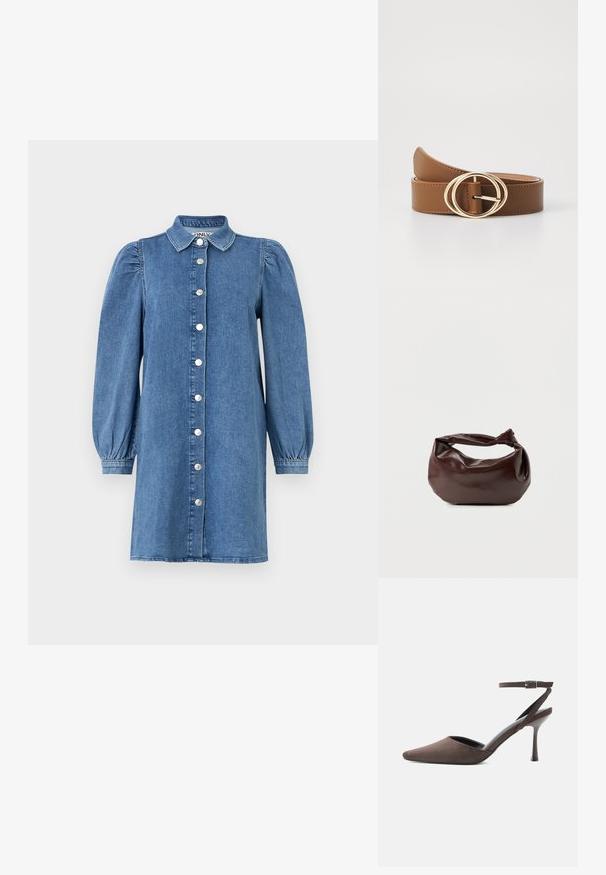 Denimkleid mit langen Puffärmeln, Knopfleiste, Kragen und geradem Schnitt. Blauer Stoff mit glatter Textur.; Brauner Veloursleder-Pumps mit spitz zulaufender Spitze, dünnem Knöchelriemen und silberner Schnalle vor weißem Hintergrund.; Dunkelbraune Lederschultertasche mit weicher, lockerer Form und einem gedrehten Knotengriff vor schlichtem weißem Hintergrund.; Braunger Ledergürtel mit einer goldenen Doppelkreis-Schließe, mit glatter Textur und verstellbarer Länge. Einfaches Design mit sorgfältiger Naht.