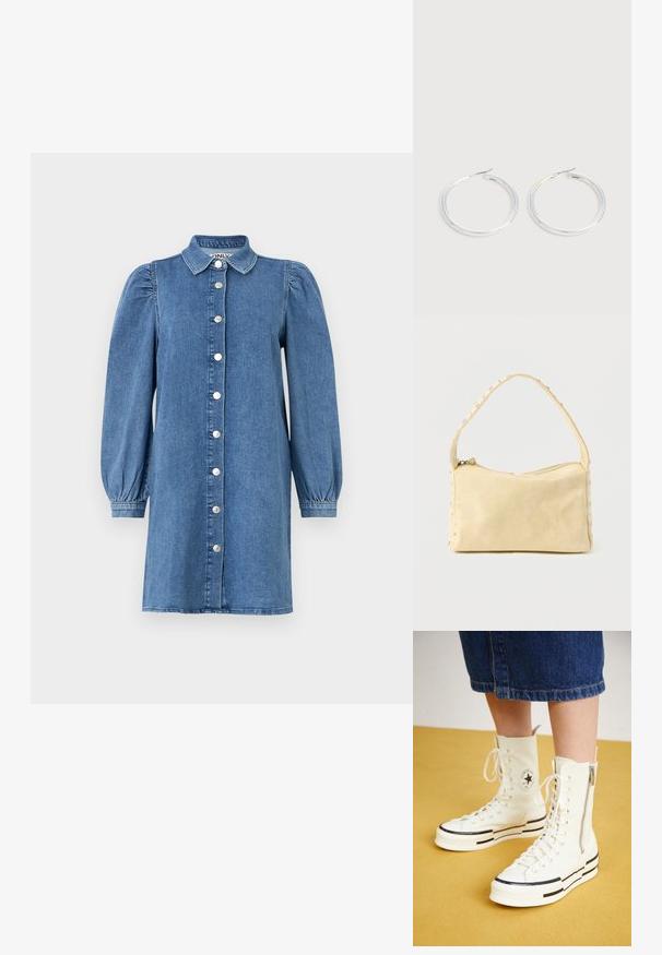 Denimkjole med lange puffede ærmer, knapåbning foran, krave og lige snit. Blåt stof med en glat overflade.; Hvide høj-top sneakers med lynlåslukning, snørresystem og sorte striber på en tyk sål. Tekstureret kanvasmateriale.; Lille beige læderhåndtaske med en enkelt rem og sølvnitter langs kanterne og remmen, sat mod en ensfarvet baggrund.; Par skinnende sølvøreringe med tynde trådlåse, vist på en lys grå baggrund.