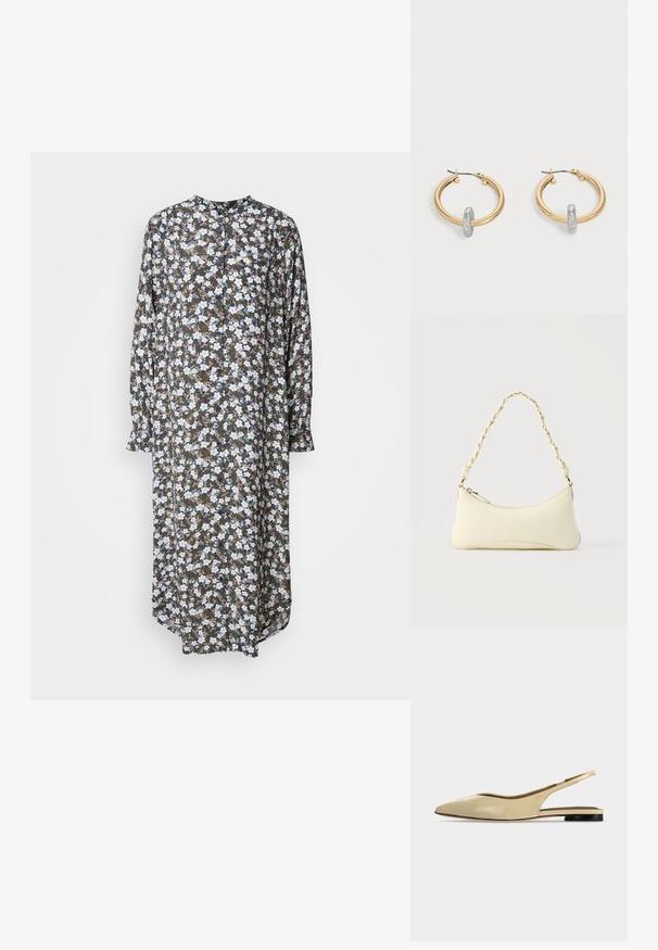 Blomsterkjole med en lang, løs pasform, lange ærmer, rund halsudskæring og en mørk baggrund med hvide og blå blomstermønstre.; Beige spids tå slingback flad sko med lav sort hæl og en glat læderfinish, vist fra siden på en ensfarvet baggrund.; Lille cremefarvet taske med en kurvet form og fletet guldfarvet kæde som håndtag, lynlås lukning på toppen; Par guldtonede hoop øreringe med lille sølvfarvet loop-detalje på hver, vist mod lysegrå baggrund.