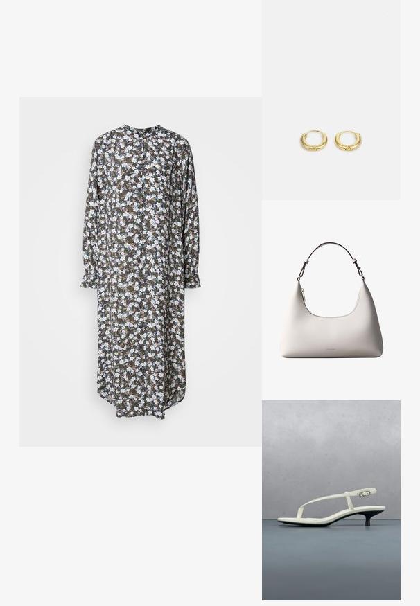 Robe florale à coupe longue et ample avec des manches longues, un col rond, et un fond sombre agrémenté de motifs de fleurs blanches et bleues.; Sandale blanche à talon kitten avec des lanières et un bout pointu, flottant au-dessus d'un sol en carrelage en bois en plein air avec un arrière-plan flou de plante et de mur.; Sac à bandoulière en cuir couleur crème de Calvin Klein avec bord supérieur incurvé, fermeture éclair argentée et sangle ajustable brun foncé.; Boucles d'oreilles en or en forme de créoles, présentant une finition lisse et brillante, avec une rangée de cristaux transparents le long d'un bord. Design petit et circulaire.