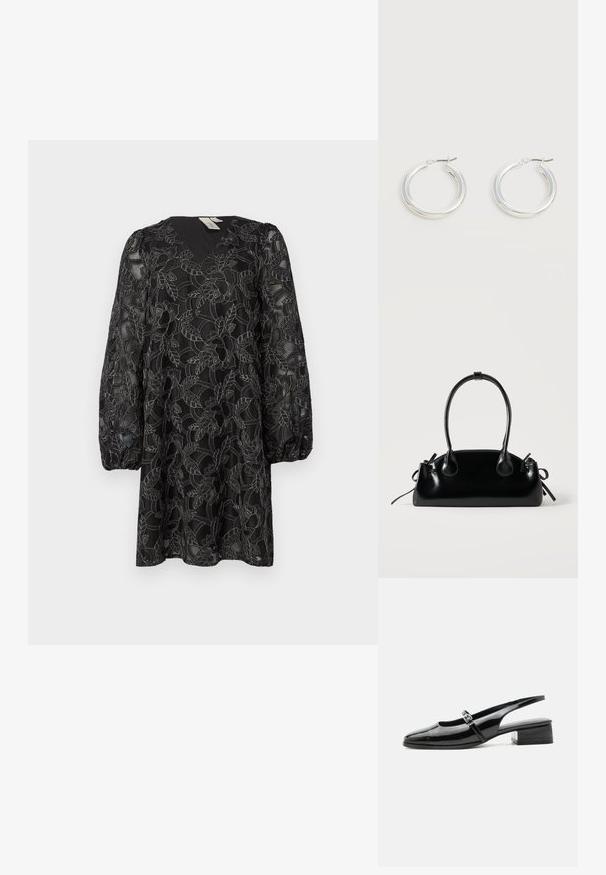 Mustmustest lõhiku ja pikkade puhvärvlitega must pitskleit. See sisaldab lillemotiive ja tekstuuri pealispinda. Keskkohani pikk.; Mustast lakknahast slingback-king madala plokksandaali ja õhukese rihmaga, millel on peal hõbedane pandlaga kinnis.; Väike must läikiv käekott kahe pika sangaga ja külgedel paelakinnitustega, ühel lihtsal helel taustal.; Keskmise suurusega läikivad hõbedased rõngakujulised kõrvarõngad õhukeste metallist kinnitustega heledal neutraalsel taustal.