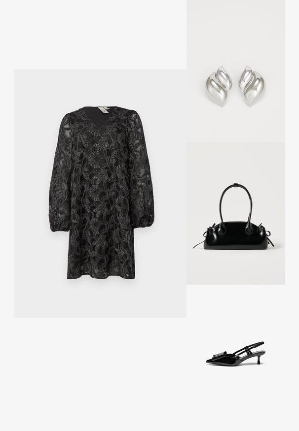 Schwarzes Spitzenkleid mit V-Ausschnitt und langen Puffärmeln. Es hat florale Muster und eine strukturierte Überlage. Die Länge reicht bis zur Mitte des Oberschenkels.; Schwarze Lackleder-Slingbacks mit spitzer Zehenpartie, einer Schleifendetail an der Vorderseite und einem kleinen Stiletto-Absatz. Die Riemen haben verstellbare Schnallen.; Kleine schwarze glänzende Handtasche mit zwei langen Griffen und seitlichen Kordelzug-Details vor einfachem hellem Hintergrund.; Silberne Ohrringe mit einer organischen, abstrakten Form. Glatte, glänzende Oberfläche mit einem konischen Design. Mit dezenten Kurven und einem zentralen Linienelement.