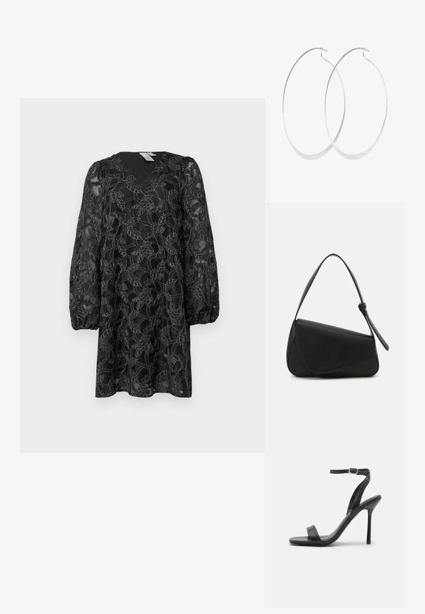 Vestido negro de encaje con escote en V y mangas largas abullonadas. Presenta patrones florales y una superposición texturizada. Largo hasta medio muslo.; Sandalia negra de tacón alto con una correa delgada en el tobillo y dos bandas en la parte frontal. Hecha de cuero suave con una punta afilada y tacón de aguja.; Bolso de mano de cuero negro con forma triangular, tapa en ángulo y un asa superior redondeada. Presenta una textura suave y detalles de diseño minimalistas.; Pendientes de aro plateados con un diseño delgado y suave; forma ovalada alargada; acabado pulido; presentan un cierre de gancho seguro.