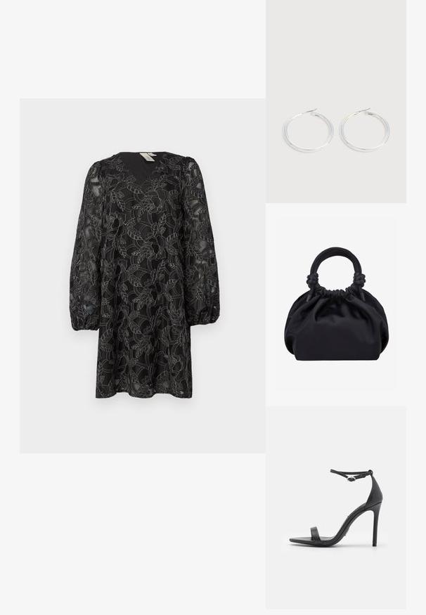 Robe en dentelle noire avec un décolleté en V et des manches bouffantes longues. Elle présente des motifs floraux et un superposé texturé. Longueur mi-cuisse.; Sandales noires à talons hauts avec un orteil ouvert, des fines lanières et une boucle à la cheville. Texture en cuir lisse avec un design de forme pointue.; Sac à main en tissu noir doux avec haut froncé et poignées circulaires rembourrées nouées de chaque côté.; Paire de boucles d'oreilles créoles argentées brillantes avec fermoirs en fil fin, présentée sur un fond gris clair.