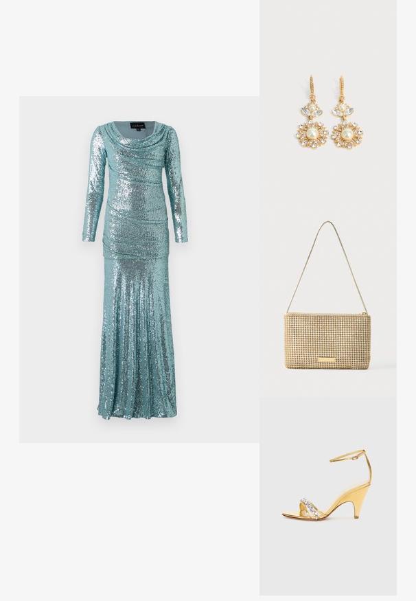 Langærmet teal kjole med cowl-udskæring, der har en hel række af paljetter, draperinger og en tætsiddende silhuet, der flyder ud til en flared kant.; Guldhælede sandaler med et bånddesign, der har rhinestone-detaljer. Åben tå, justerbar ankelrem og en spids hæl.; Guldfarvet clutchtaske med rektangulært design, dækket af skinnende, sølvfarvede rhinsten. Har en tynd metallisk skulderrem og lynlåslukning.; Øreringe i guldfarvet dropdesign med centrale perler, klare krystalblade og små krystaller, der danner et blomsterdesign mod en ensfarvet lys baggrund.