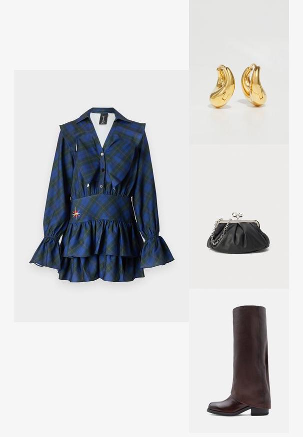 Sinead Gorey TARTAN RUFFLE MINI DRESS - Vestido informal - blue; Bota de cuero marrón oscuro hasta la rodilla con tacón bajo y punta redondeada, mostrada en perfil lateral sobre un fondo blanco.; Clutch de cuero negro con textura arrugada, marco de metal en tono plateado, cierre de beso y cadena para colgar. Superficie suave y lisa.; Pendientes de aro de oro con forma curva y suave, y acabado pulido. Presentan un mecanismo de cierre y ligeras indentaciones para un toque de detalle.