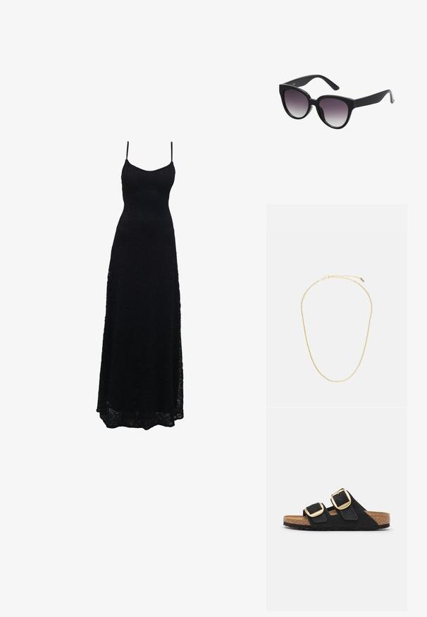 Vestido largo negro de encaje con finas tirantes de espagueti, cuerpo ajustado, falda acampanada y un intrincado patrón de encaje en toda la tela.; Sandalias deslizantes de ante negro con dos correas anchas, cada una con una gran hebilla dorada, y una plantilla de corcho natural con una suela de goma texturizada.; Gafas de sol negras en forma de ojo de gato con lentes grises degradados. Montura de plástico grueso y brillante, con brazos afilados. Sin marcas o adornos visibles.; Collar de cadena de color dorado con un diseño delgado y retorcido, cuenta con un cierre y longitud ajustable. Textura suave y acabado brillante.