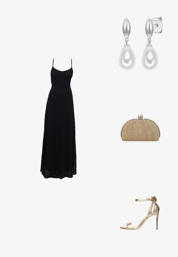 Sort blonde maxikjole med tynde stropper, tætsiddende bodice, udvidet skirt og intrikat blondermønster gennem hele stoffet.; Guldmetalisk højhælet sandal med en tynd ankelrem, åbent tåparti og en glat overflade. Har en delikat sløjfeaccent på hælen.; Clutchpung i gyldent stof med plisseret tekstur, sølvramme og stor perleknap med mindre perler langs kanterne.; Sølv ørestikker med glatte, aflange ovale toppe og hvide dråbeformede perlevedhæng, sikret med sommerfugle-låse.
