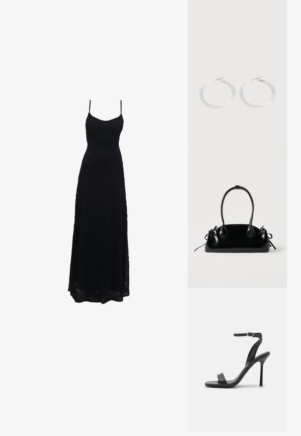 Schwarzes Maxikleid aus Spitze mit dünnen Spaghettiträgern, tailliertem Oberteil, weiter Rock und kunstvollem Spitzenmuster im gesamten Stoff.; Schwarze High-Heels-Sandalen mit schlankem Knöchelriemen und zwei vorderen Riemen. Aus glattem Leder gefertigt, mit einer eleganten spitzen Zehenform und einem Stiletto-Absatz.; Kleine schwarze glänzende Handtasche mit zwei langen Griffen und seitlichen Kordelzug-Details vor einfachem hellem Hintergrund.; Paar glänzende silberne Creolen mit dünnen Drahtverschlüssen, dargestellt vor einem hellgrauen Hintergrund.