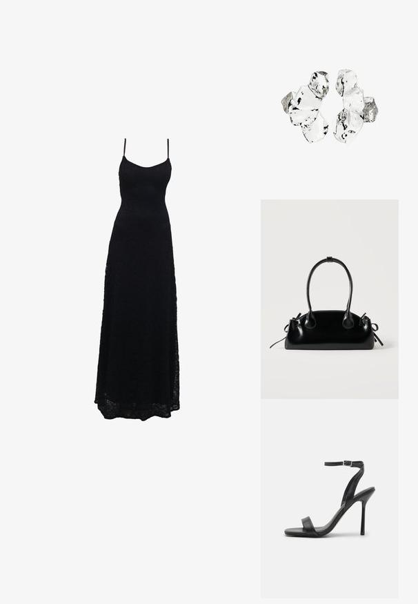 Schwarzes Maxikleid aus Spitze mit dünnen Spaghettiträgern, tailliertem Oberteil, weiter Rock und kunstvollem Spitzenmuster im gesamten Stoff.; Schwarze High-Heels-Sandalen mit schlankem Knöchelriemen und zwei vorderen Riemen. Aus glattem Leder gefertigt, mit einer eleganten spitzen Zehenform und einem Stiletto-Absatz.; Kleine schwarze glänzende Handtasche mit zwei langen Griffen und seitlichen Kordelzug-Details vor einfachem hellem Hintergrund.; Cluster von sechs unregelmäßig geformten, transluzenten und reflektierenden glasähnlichen Stücken, angeordnet auf weißem Hintergrund.