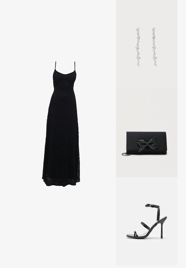 Vestido largo negro de encaje con finas tirantes de espagueti, cuerpo ajustado, falda acampanada y un intrincado patrón de encaje en toda la tela.; Sandalias de tacón alto de charol negro con tres tiras horizontales y una correa en el tobillo ajustable. Silueta elegante y acabado brillante.; Bolso clutch negro con acabado de satén, con un detalle de lazo metálico texturizado. Incluye una correa de cadena para opciones de transporte versátiles.; Pendientes largos colgantes de plata con múltiples cristales rectangulares transparentes enlazados verticalmente sobre un fondo gris claro.