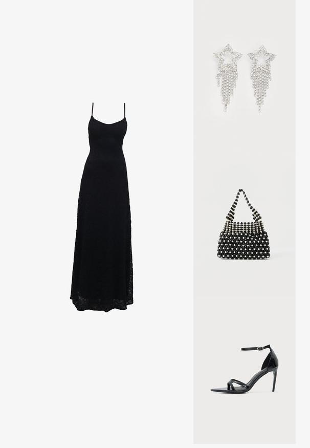 Schwarzes Maxikleid aus Spitze mit dünnen Spaghettiträgern, tailliertem Oberteil, weiter Rock und kunstvollem Spitzenmuster im gesamten Stoff.; Schwarze Sandale aus Lackleder mit hohem Absatz, dünnem Knöchelriemen, offenem Zehenbereich und minimalistischem Design auf hellem, einfarbigem Hintergrund.; Schwarze und weiße Handtasche mit Perlenbesatz und kurzem Griff, die abwechselnd perlenähnliche und schwarze facettierte Perlen in einem karierten Muster zeigt.; Glitzernde Sternohrringe mit herabhängendem Fransen-Detail, in silberner Farbe und mit einer glänzenden, reflektierenden Oberfläche. Sternform mit filigranem Design.