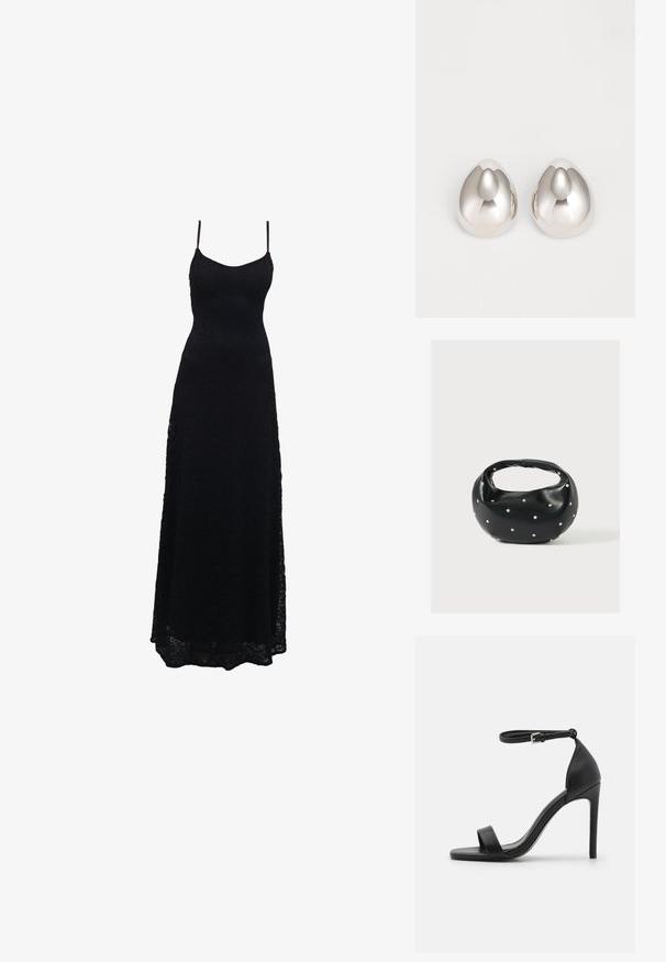 Zwarte kant maxi-jurk met dunne spaghetti-bandjes, getailleerde bovenkant, uitlopende rok en ingewikkeld kantpatroon over de stof.; Zwarte sandalen met hoge hakken, met een slank ontwerp, voorzien van een enkelbandje, open teen en een gladde leren textuur.; Zwarte leren handtas met een afgeronde vorm, versierd met zilveren studs, en een korte handgreep. Gladde textuur en ritsluiting.; Zilveren metalen oorcuffs met een glad, rond ontwerp dat lijkt op de vorm van een druppel, met een reflecterende oppervlakte en een naadloze afwerking.