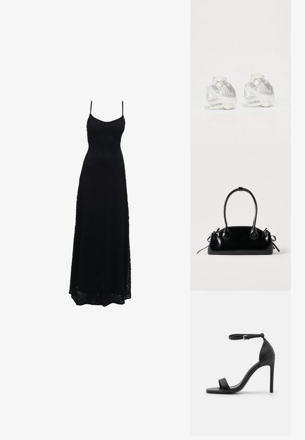 Schwarzes Maxikleid aus Spitze mit dünnen Spaghettiträgern, tailliertem Oberteil, weiter Rock und kunstvollem Spitzenmuster im gesamten Stoff.; Schwarze hochhackige Sandale mit elegantem Design, featuring einem Knöchelriemen, offener Zehenpartie und glattem Lederfinish.; Kleine schwarze glänzende Handtasche mit zwei langen Griffen und seitlichen Kordelzug-Details vor einfachem hellem Hintergrund.; Silberne Ohrringe in Muschelform mit strukturierten Rillen und glatten Kurven, ausgestattet mit einer klaren Rückseite für sicheren Halt.