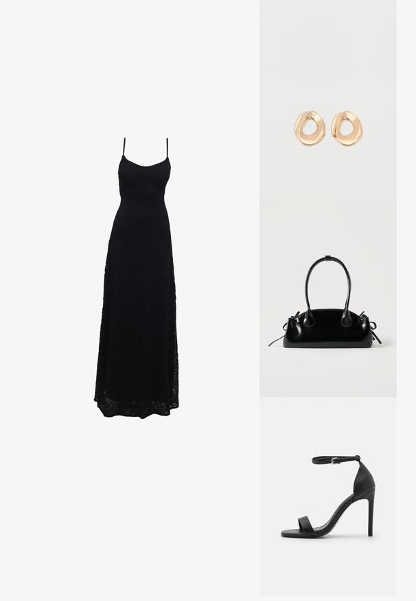 Schwarzes Maxikleid aus Spitze mit dünnen Spaghettiträgern, tailliertem Oberteil, weiter Rock und kunstvollem Spitzenmuster im gesamten Stoff.; Schwarze hochhackige Sandale mit elegantem Design, featuring einem Knöchelriemen, offener Zehenpartie und glattem Lederfinish.; Kleine schwarze glänzende Handtasche mit zwei langen Griffen und seitlichen Kordelzug-Details vor einfachem hellem Hintergrund.; Paar unregelmäßig geformter, polierter Creolen aus goldfarbenem Metall mit offenem Zentrum auf weißem Hintergrund.